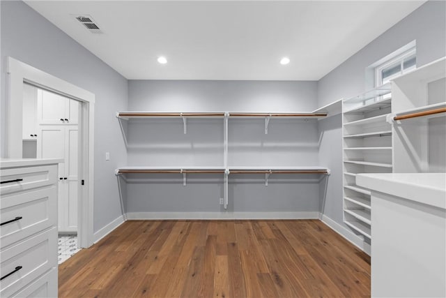 walk in closet with dark hardwood / wood-style floors