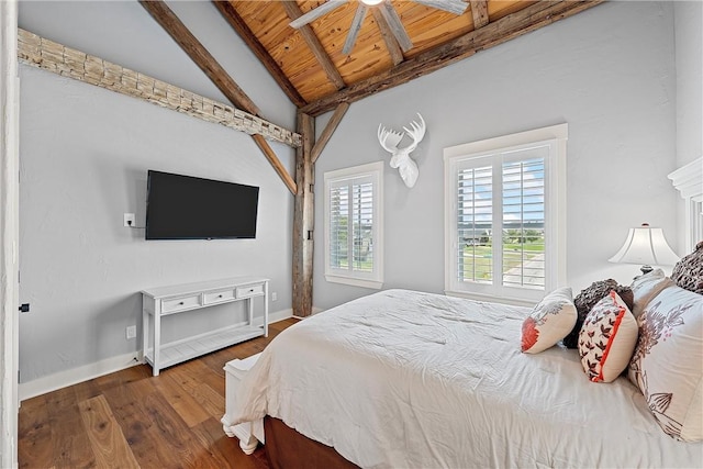 bedroom featuring ceiling fan, vaulted ceiling with beams, wood-type flooring, and wood ceiling