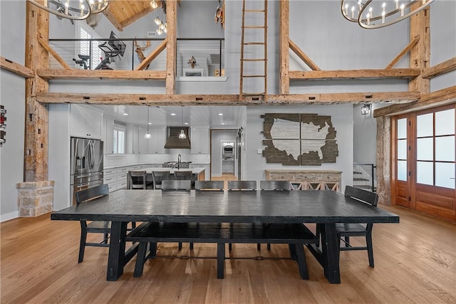 dining space featuring high vaulted ceiling, wooden ceiling, light hardwood / wood-style flooring, and a notable chandelier