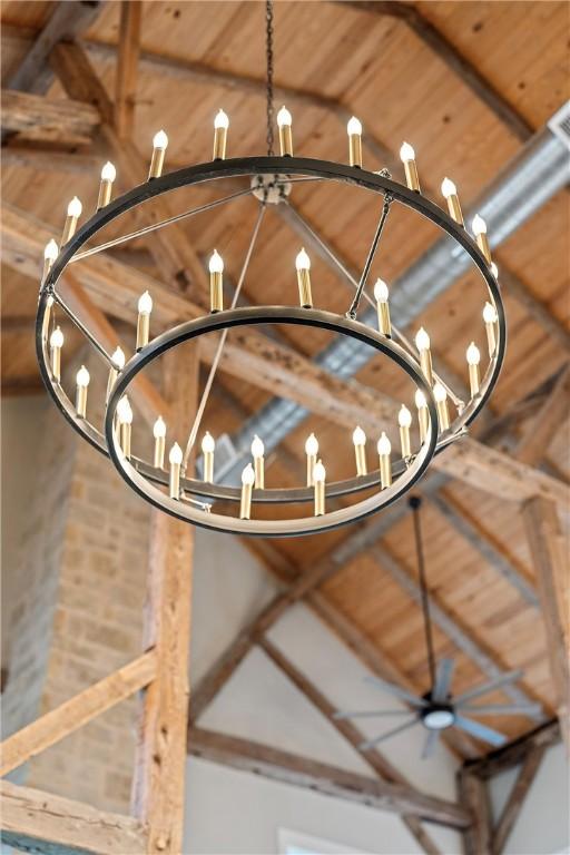 interior details featuring wooden ceiling and an inviting chandelier