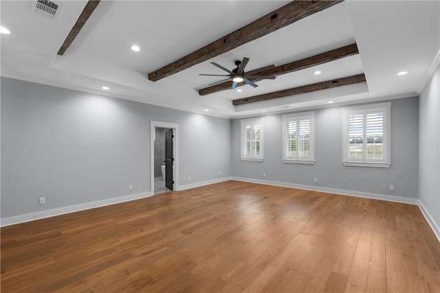 unfurnished room featuring ceiling fan, light hardwood / wood-style flooring, and ornamental molding