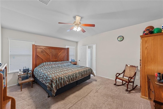 bedroom with carpet, ceiling fan, and lofted ceiling