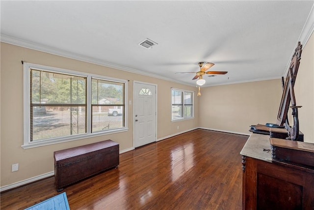 foyer entrance featuring crown molding, ceiling fan, and dark wood-type flooring