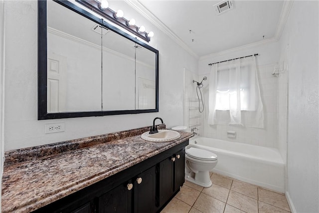 full bathroom featuring ornamental molding, vanity, tile patterned flooring, toilet, and tiled shower / bath