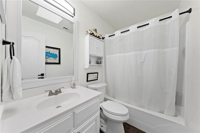 full bathroom with wood-type flooring, vanity, toilet, and shower / bath combo with shower curtain