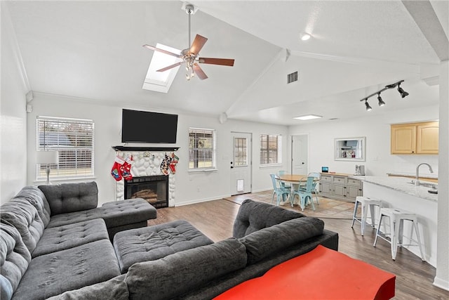 living room featuring light hardwood / wood-style floors, a healthy amount of sunlight, and sink