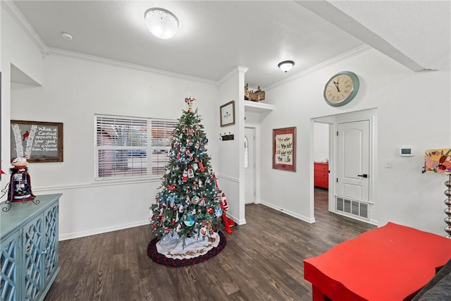 interior space with crown molding and dark hardwood / wood-style flooring