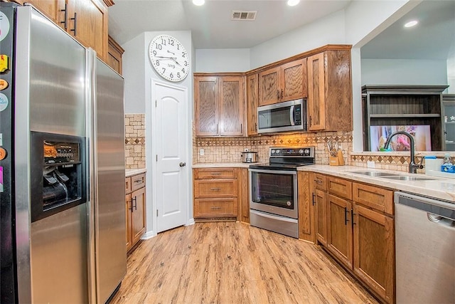 kitchen featuring backsplash, light hardwood / wood-style floors, sink, and appliances with stainless steel finishes