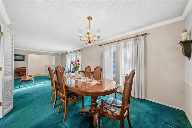 dining room featuring dark colored carpet, ornamental molding, a textured ceiling, and a notable chandelier