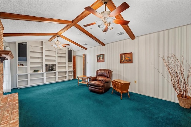 living area featuring carpet flooring, a textured ceiling, vaulted ceiling with beams, and a brick fireplace