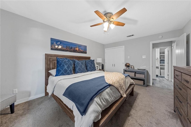 bedroom featuring carpet flooring and ceiling fan