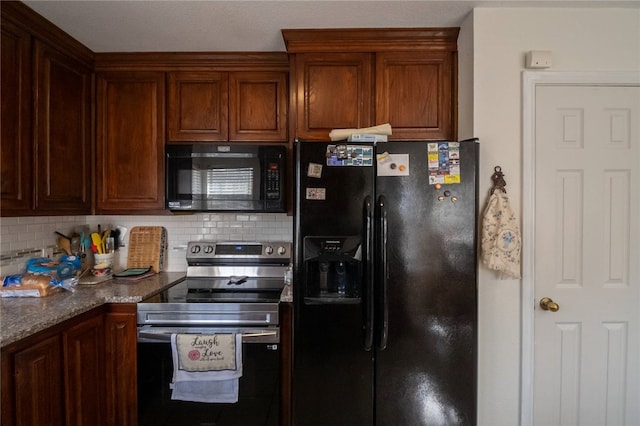 kitchen with black appliances, stone countertops, and decorative backsplash