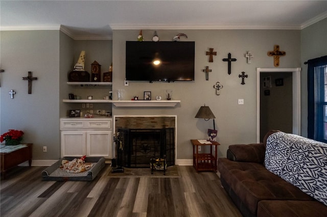 living room featuring ornamental molding and dark hardwood / wood-style floors