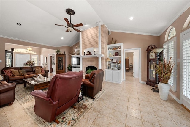 tiled living room with a wealth of natural light, lofted ceiling, and ornamental molding