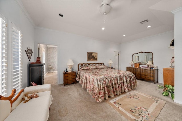 bedroom featuring light carpet and ornamental molding