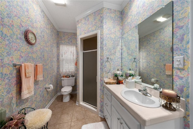 bathroom with tile patterned flooring, a shower with shower door, and crown molding