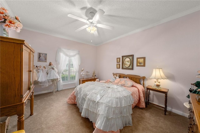 carpeted bedroom with a textured ceiling, ceiling fan, and ornamental molding