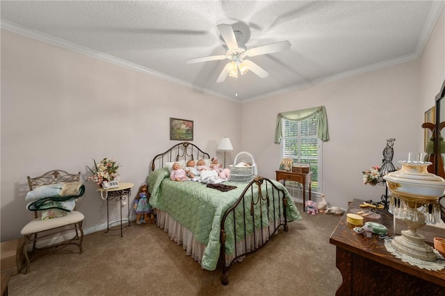 bedroom with a textured ceiling, carpet floors, ceiling fan, and crown molding