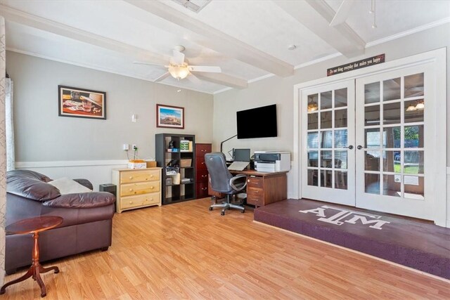 office featuring ceiling fan, french doors, light hardwood / wood-style flooring, beamed ceiling, and crown molding