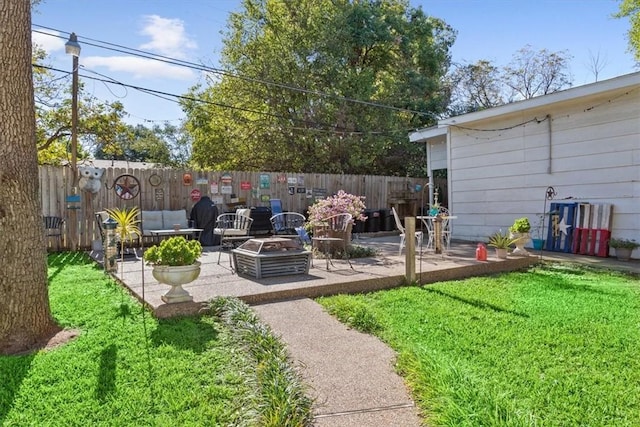 view of patio / terrace featuring an outdoor living space with a fire pit