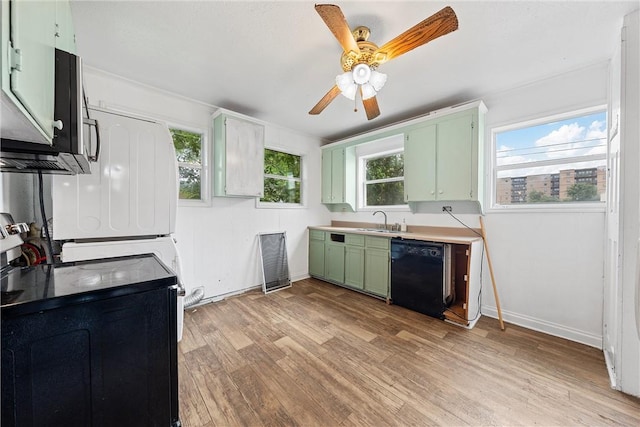 kitchen featuring sink, green cabinets, electric range oven, black dishwasher, and light wood-type flooring