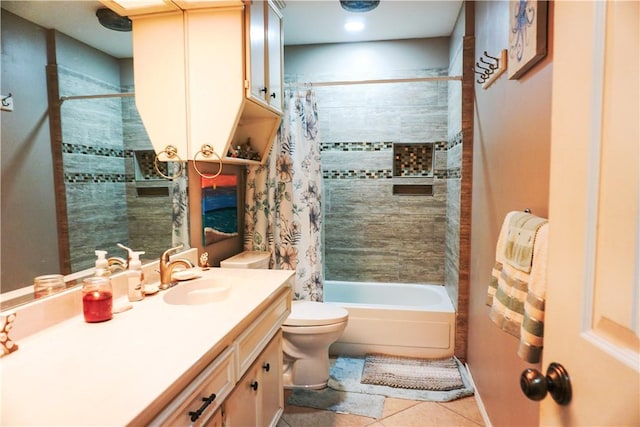 full bathroom with tile patterned flooring, vanity, shower / bath combination with curtain, and toilet