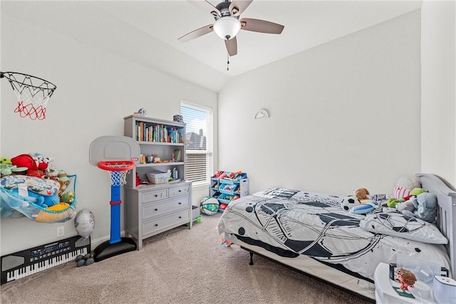 bedroom featuring ceiling fan, carpet, and lofted ceiling