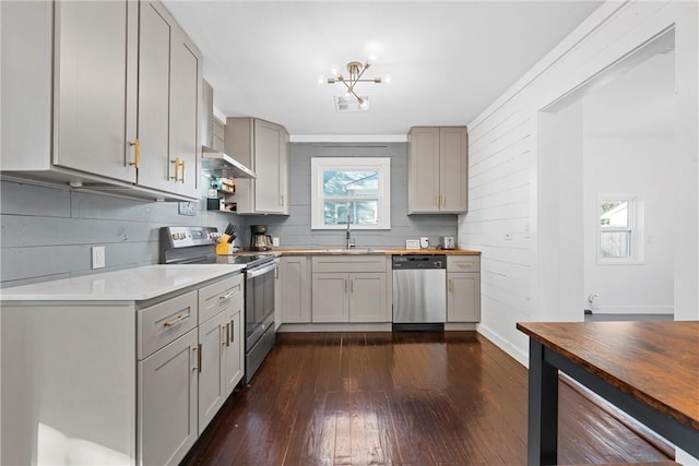 kitchen featuring wood counters, appliances with stainless steel finishes, gray cabinets, and dark wood-type flooring