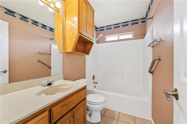 full bathroom with vanity, toilet, tub / shower combination, and tile patterned flooring