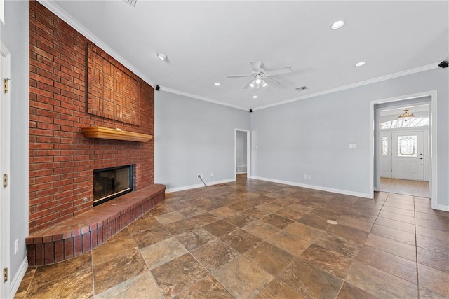 unfurnished living room with crown molding, a fireplace, baseboards, and ceiling fan