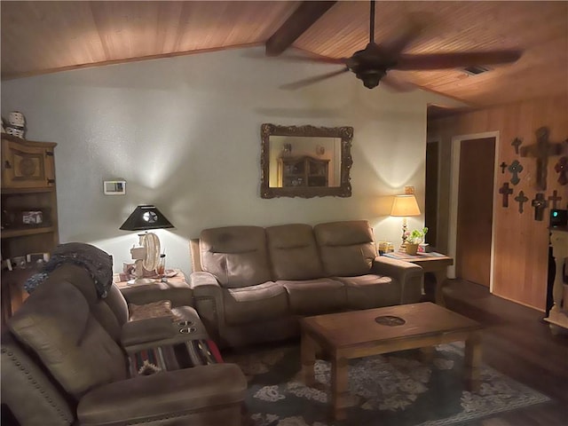 living room featuring lofted ceiling with beams and wood ceiling