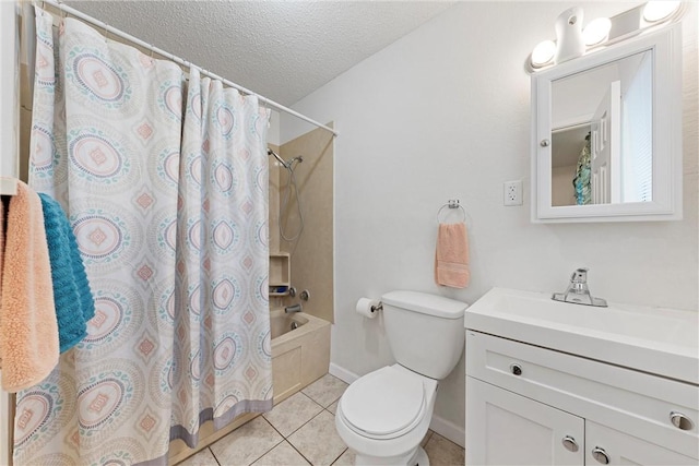 full bathroom with vanity, a textured ceiling, shower / tub combo with curtain, tile patterned flooring, and toilet