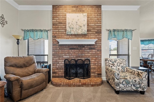 living room with a fireplace, carpet flooring, and ornamental molding