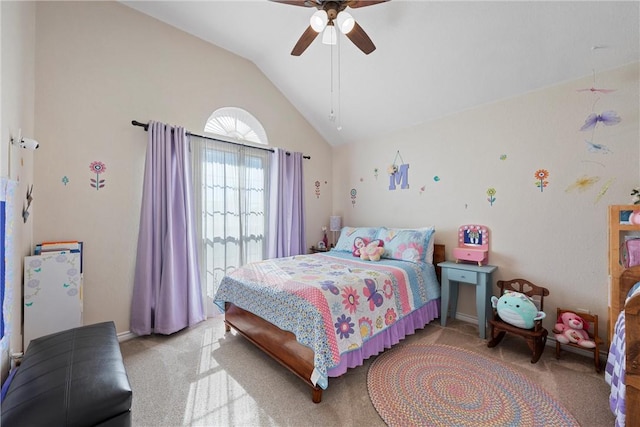 carpeted bedroom featuring vaulted ceiling and ceiling fan