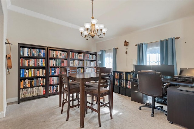 office featuring light colored carpet and an inviting chandelier