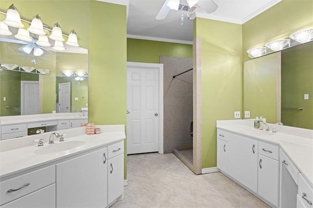 bathroom featuring ceiling fan, crown molding, walk in shower, and vanity