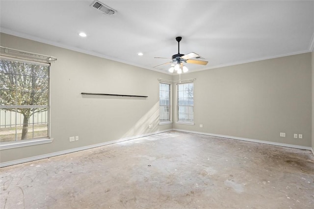 empty room featuring crown molding, ceiling fan, and a healthy amount of sunlight