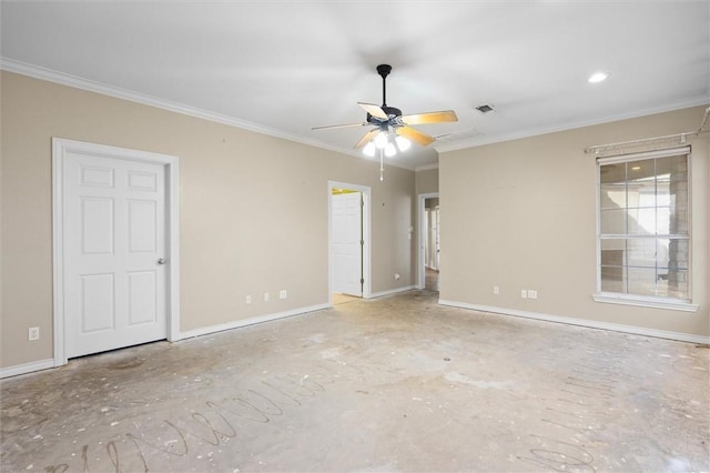 empty room with ceiling fan and ornamental molding