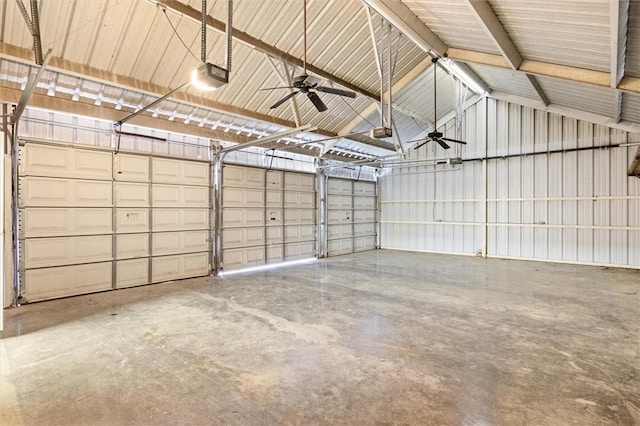 garage with ceiling fan and a garage door opener