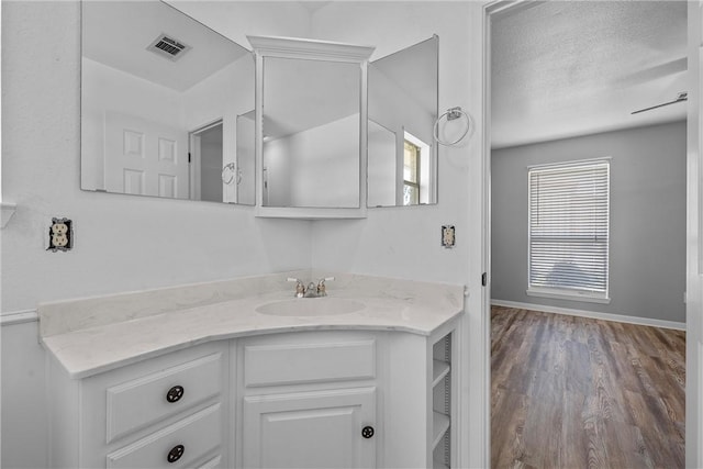 bathroom with wood-type flooring, vanity, and a textured ceiling