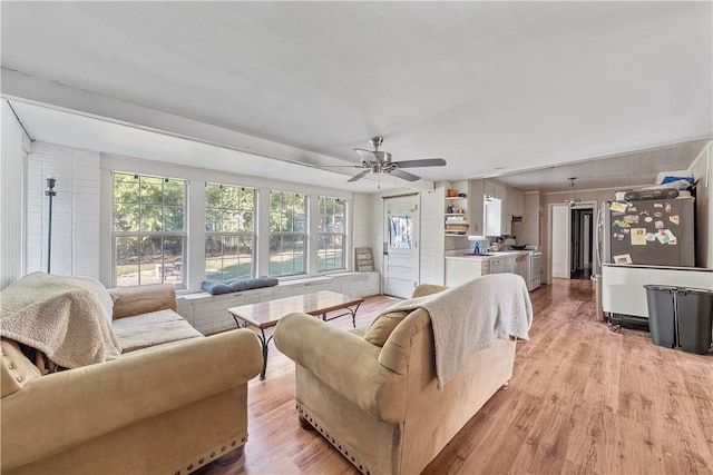 living room featuring ceiling fan and light hardwood / wood-style flooring