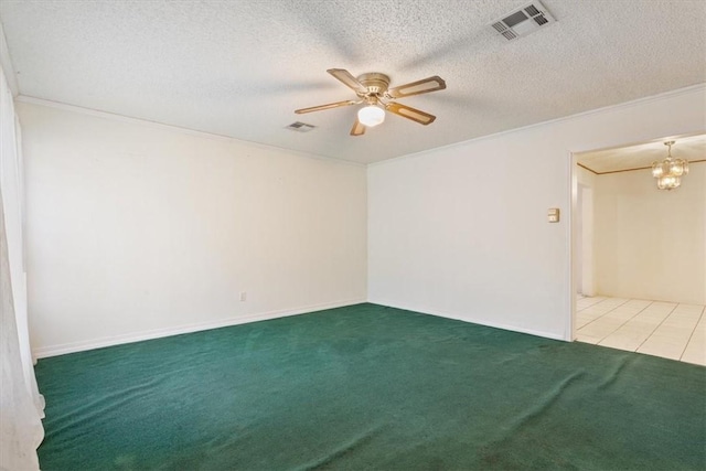 unfurnished room featuring ceiling fan with notable chandelier, crown molding, carpet floors, and a textured ceiling