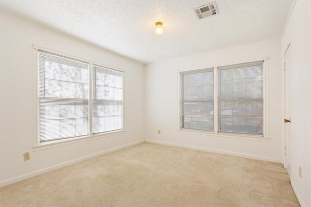 unfurnished room with light colored carpet and a textured ceiling