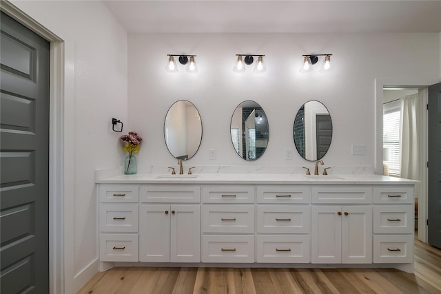 bathroom with vanity and wood-type flooring