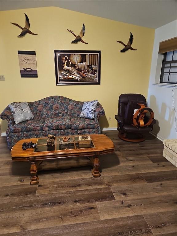 living room with dark hardwood / wood-style flooring