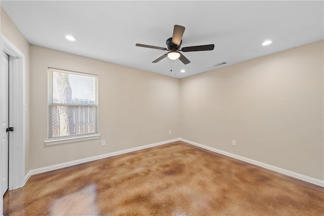 unfurnished room with recessed lighting, visible vents, and baseboards