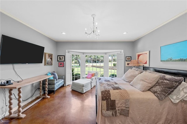 bedroom featuring access to exterior, crown molding, and a notable chandelier