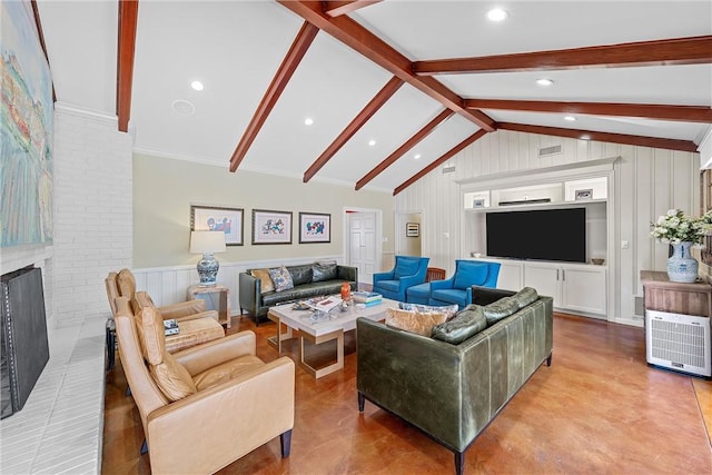 living room with lofted ceiling with beams and a brick fireplace