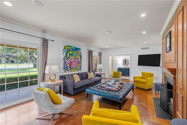 living room featuring ornamental molding