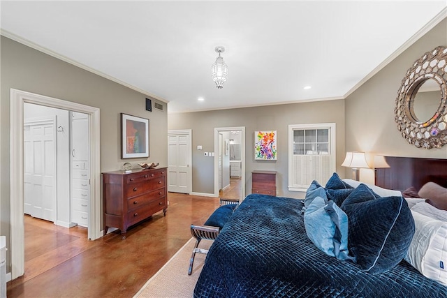 bedroom featuring concrete flooring and ornamental molding